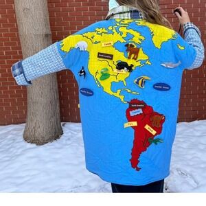 World Map Quilted Jacket with Detachable Animals